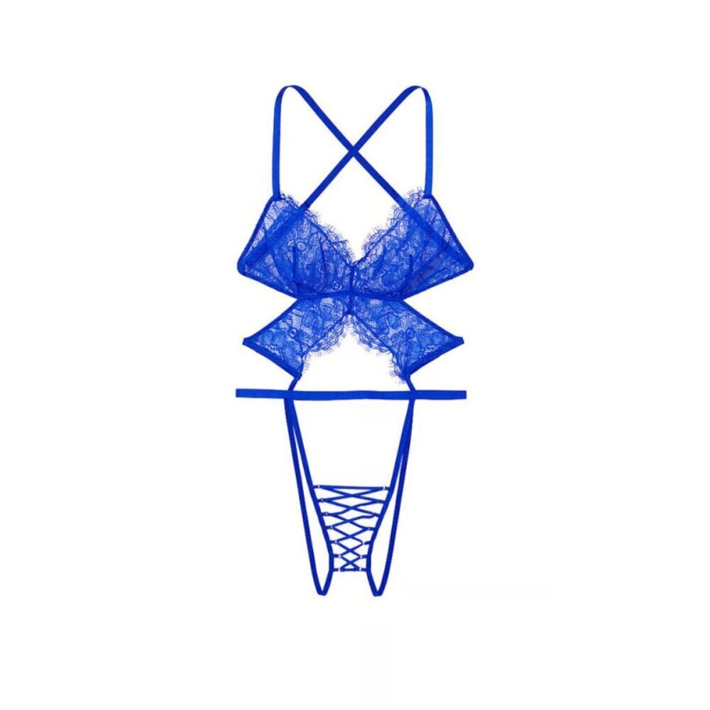 New! Victoria's Secret Strappy Lace Crotchless blue Teddy Bodysuit 45919